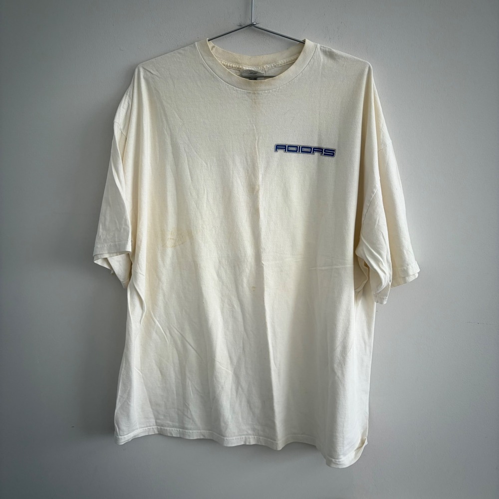 Vintage Adidas Mens 2XL Cream Graphic T-Shirt Short Sleeve Off White 90s Sport